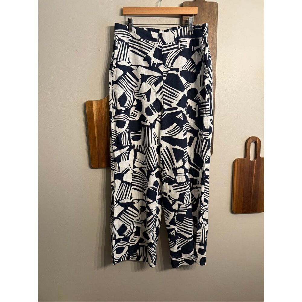 Halogen Black White Abstract Tapered Linen Blend Elastic Waist Pants Size Medium